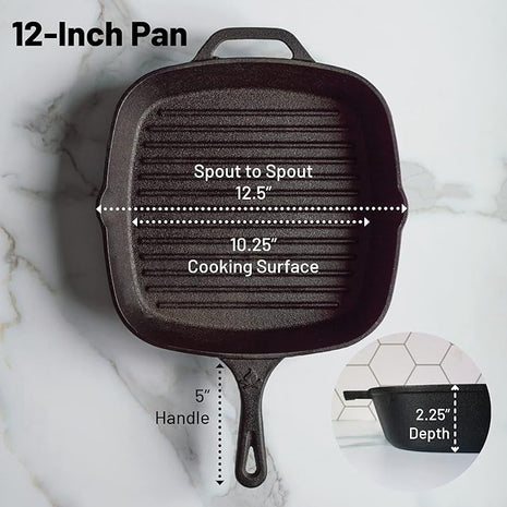 Backcountry Iron 12 Inch Square Grill Pan Large Pre-Seasoned Cast Iron
