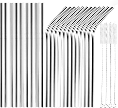 [24 PCS] Extra Long 10.4 inch Value Pack Reusable Stainless Steel Straws Combinations, Tomorotec Metal Straw Sets with Cleaning Brushes, 12 Straight 12 Bent For Tumblers Beverage Drinks Cocktail