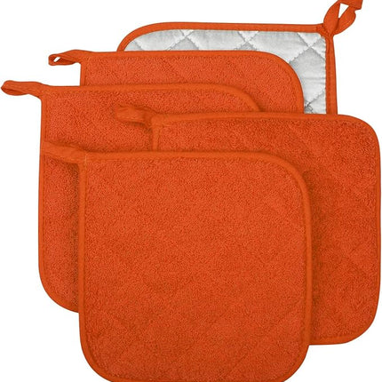 100% Cotton Kitchen Everyday Basic Terry Pot Holder Heat Resistant Coaster Potholder for Cooking and Baking Set of 5 Orange