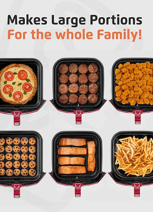 MONDIAL Air Fryer - 8.6 Quart Extra-Large Air Fryer, 2 Simple Dial Controls, 1800 Watts - Quick Heat Circulation Technology, Low Fat Cooking Less Calories - Removable Squared Basket - Red