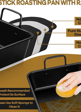 P&P CHEF 16" Roaster Roasting Pan with Baking Rack and V-shaped Rack, Stainless Steel Rectangular Lasagna Pan with Handles for Turkey Chicken, Healthy & Dishwasher Safe, 3 Pieces, Black