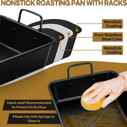 P&P CHEF 16" Roaster Roasting Pan with Baking Rack and V-shaped Rack, Stainless Steel Rectangular Lasagna Pan with Handles for Turkey Chicken, Healthy & Dishwasher Safe, 3 Pieces, Black