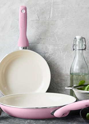 GreenPan Rio Hard Anodized Healthy Ceramic Nonstick, 7" 9.5" and 11" 3 Piece Frying Pan Skillet Set, Soft Grip Handle, PFAS-Free, Dishwasher Safe, Oven Safe, Pink