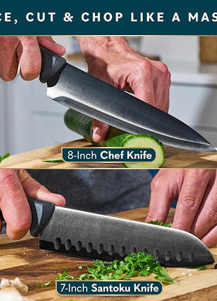 Home Hero Kitchen Knife Set - Wooden Knife Block Organizer - High Carbon Stainless Steel Blades - Ergonomic Handles with Built-In Sharpener & Kitchen Scissors - 16-Pc, Black