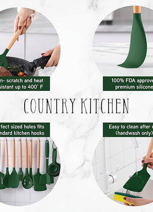 Country Kitchen Non Stick Silicone Utensil Set with Rounded Wood Handles for Cooking and Baking, 38 Piece Set, Green