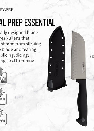 Farberware Edgekeeper 5-Inch Santoku Knife with Self-Sharpening Blade Cover, High Carbon-Stainless Steel Kitchen Knife with Ergonomic Handle, Razor-Sharp Knife, Black