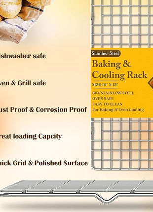 2PCS Cooling Racks for Cooking and Baking - 10" x 15"Heavy Duty Stainless Steel Wire Rack for Baking, Grilling, Roasting - Oven & Dishwasher Safe - Fits Jelly Roll Sheet Pan-Silver