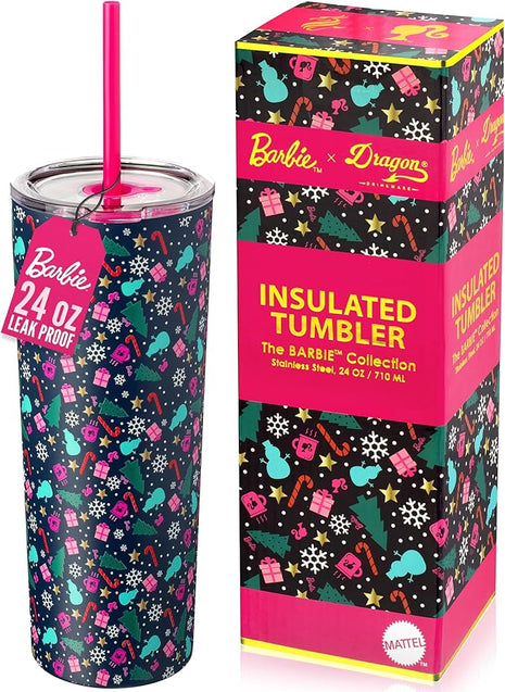Dragon Glassware x Barbie 24 oz Insulated Stainless Steel Tumbler with Lid and 2 Straws - Festive Holiday Travel Coffee Tumbler Cup to Keep Drinks Hot or Cold, Fits Cup Holders - Christmas Theme