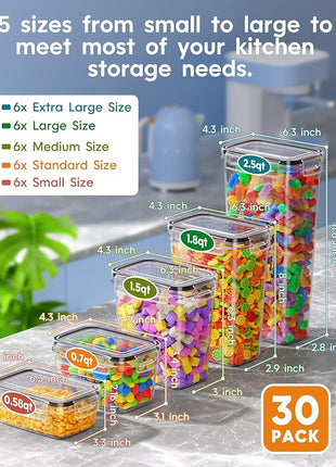 30 PCS Airtight Food Storage Containers with Lids, Kitchen Pantry Organization and Storage, BPA-Free Plastic Scale Food Canisters for Cereal, Flour, Sugar, Dry Food, Include Labels & Marker
