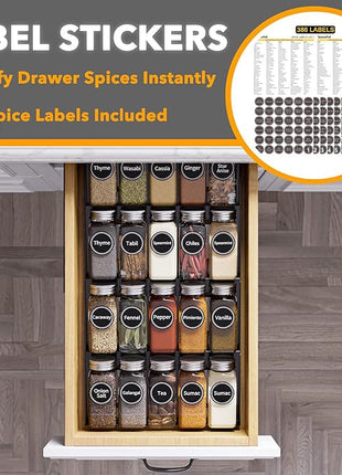 SpaceAid Spice Drawer Organizer with 20 Spice Jars, 386 Spice Labels, 4 Tier Seasoning Rack Tray Insert for Kitchen Drawers, 9-1/2" Wide x 17-1/2" Deep