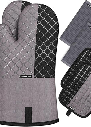 Oven Mitts and Pot Holders Sets 6pcs, Kitchen Oven Glove,High Heat Resistant 550 Degree Extra Long Oven Mitts and Potholders with Non-Slip Silicone Surface for Home Essentials (Grey) (Charcoal Grey)