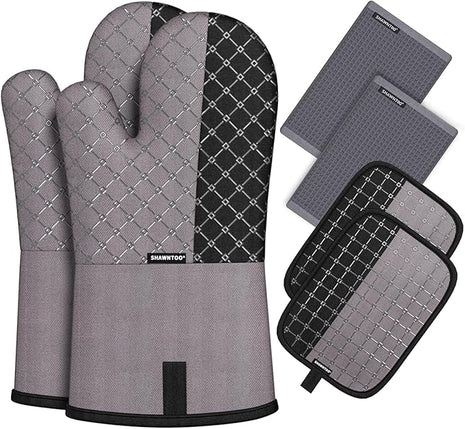 Oven Mitts and Pot Holders Sets 6pcs, Kitchen Oven Glove,High Heat Resistant 550 Degree Extra Long Oven Mitts and Potholders with Non-Slip Silicone Surface for Home Essentials (Grey) (Charcoal Grey)