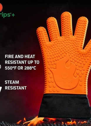 Ekogrips+ Premium Silicone Oven Mitts - Comfy, Waterproof, Heat Resistant BBQ Gloves for Grilling, Long Cuff for Added Protection, 5 Finger Dexterity, 3 Sizes, 4 Colors, S/M, Orange