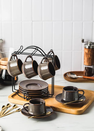 YHOSSEUN Espresso Cups 4 Oz, Porcelain Coffee Cups Set of 6 Espresso Cup with Saucers, Meatal Stand, and Stir Spoons, Brown Expresso Shots Cup