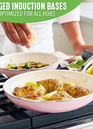 GreenLife Artisan Healthy Ceramic Nonstick, 8" and 10" Frying Pan Skillet Set, Stainless Steel Handle, Induction, PFAS-Free, Dishwasher Safe, Oven Safe, Pink