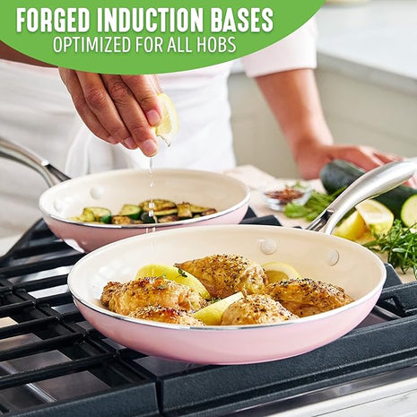 GreenLife Artisan Healthy Ceramic Nonstick, 8" and 10" Frying Pan Skillet Set, Stainless Steel Handle, Induction, PFAS-Free, Dishwasher Safe, Oven Safe, Pink