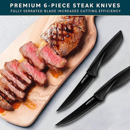Home Hero Steak Knife Set - Nonstick Serrated Steak Knives - Stainless-Steel Kitchen Knife Set - Ergonomic TPR Handles for Precision Meat Carver - 6-Pc Set, Black