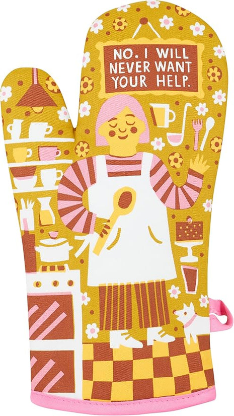 Blue Q No. I Will Never Want Your Help. Funny Oven Mitts - Cute Oven Mitts, Home Kitchen Gifts, Cooking Accessories, Super-Insulated Quilting, Natural-Fitting Shape, 100% Cotton, Size 12.5"L x 7.5"W