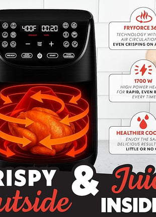 Gourmia Air Fryer - 7 Qt Large Capacity, FryForce 360º, Digital Display with 12 Presets, Roast, Bake, Broil, Dehydrate, Dishwasher Safe Accessories, Black