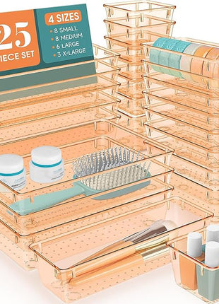 WOWBOX 25 PCS Plastic Drawer Organizer Set, 4 Sizes Desk Drawer Divider Organizers and Storage Bins for Makeup, Jewelry, Gadgets for Kitchen, Bedroom, Bathroom, Office, Clear Orange
