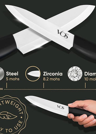 Vos Ceramic Knife Set with Block, Ceramic Knives Set For Kitchen, Ultra Sharp Kitchen Knife Set with Covers, 3" 4" 5" 6" Chef Knife, Utility, Paring & Versatile, Lightweight, Dishwasher safe (Black)