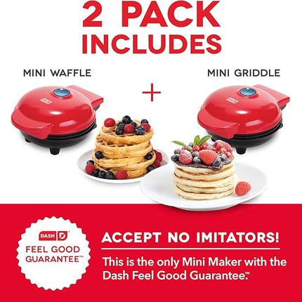 DASH Mini Maker Waffle Maker + Griddle, 2-Pack Griddle + Waffle Iron - Red