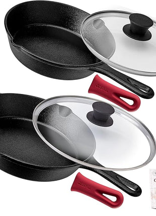 Cast Iron Skillet Set - 8" + 10"-Inch Frying Pans + Glass Lids + Silicone Handle Holder Grip Covers - Pre-Seasoned Oven Safe Cookware - Indoor/Outdoor Use - Grill, BBQ, Fire, Stovetop, Induction Safe