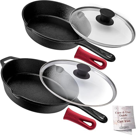 Cast Iron Skillet Set - 8" + 10"-Inch Frying Pans + Glass Lids + Silicone Handle Holder Grip Covers - Pre-Seasoned Oven Safe Cookware - Indoor/Outdoor Use - Grill, BBQ, Fire, Stovetop, Induction Safe