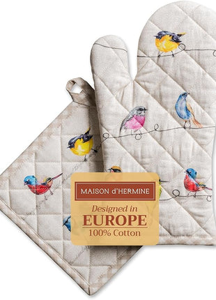 Maison d' Hermine 100% Cotton Oven Mitt & Pot Holder Set (7.5"x13" & 8"x8") Heat Resistant BBQ Cooking Gloves with Loop, Baking, Grilling, Kitchen, Handling Hot Pans Spring/Summer (Birdies On Wire)