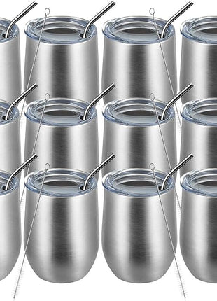 MEWAY 12oz/12 Pack Wine Tumbler Glasses with Lid -Double Wall Vacuum Stainless Steel Travel Tumbler Mug,Stemless Insulated Wine Cup for,Coffee,Cocktails,Gifts (Silver,Set of 12)