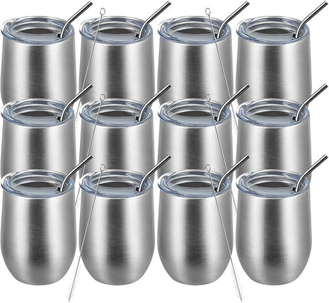 MEWAY 12oz/12 Pack Wine Tumbler Glasses with Lid -Double Wall Vacuum Stainless Steel Travel Tumbler Mug,Stemless Insulated Wine Cup for,Coffee,Cocktails,Gifts (Silver,Set of 12)