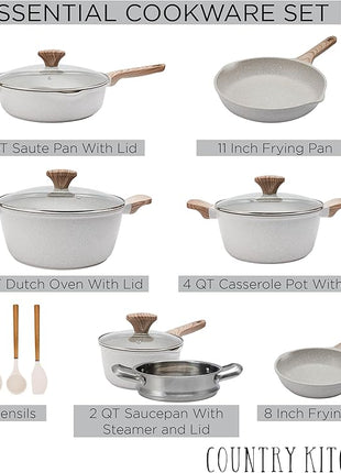 Country Kitchen Non-Stick Cast Aluminum Cookware Set - Durable Kitchen Cookware for Everyday Cooking, Cream, 15 Pc.