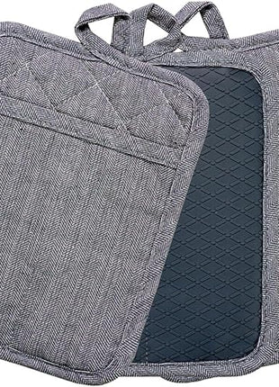 Pot Holders Yarn-Dyed Set of 3 Non Slip Silicone Kitchen Lines Heat Resistant 500℉ Kitchen Gloves BBQ Cooking Baking Women Men Cooking Barbecue Microwave Machine Washable (Gray Potholders)