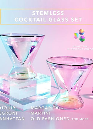 Dragon Glassware Stemless Martini Glasses - 7 oz Iridescent Set of 2 - Double Wall Insulated Cocktail Glass Set - Unique and Fun Gift for Espresso Martini Lovers