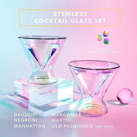 Dragon Glassware Stemless Martini Glasses - 7 oz Iridescent Set of 2 - Double Wall Insulated Cocktail Glass Set - Unique and Fun Gift for Espresso Martini Lovers