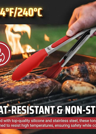 Kaluns Kitchen Tongs for Cooking Grilling Set of 4, BBQ Grill Tongs With Silicone Tip Stainless Steel Heat Resistant, Non-stick Pull Lock, Incl 7, 9, 12 Inch Tong Plus a Silicone Spatula