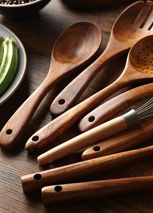 Wooden Kitchen Utensils Set with Holder, NAYAHOSE 9 Pcs Teak Wood Spoons for Cooking Spatula Set with Stainless Steel Storage Barrel