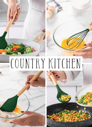 Country Kitchen Non Stick Silicone Utensil Set with Rounded Wood Handles for Cooking and Baking, 14 Piece Set, Green