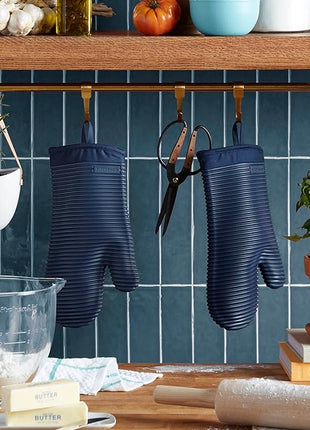 KITCHENAID Ribbed Soft Silicone Oven Mitt 2-Pack Set, 7.5"x13", Ink Blue