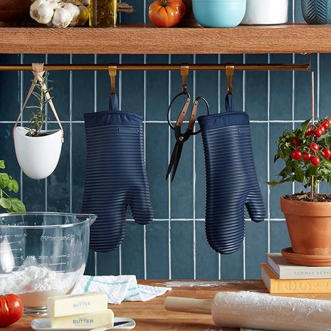 KITCHENAID Ribbed Soft Silicone Oven Mitt 2-Pack Set, 7.5"x13", Ink Blue