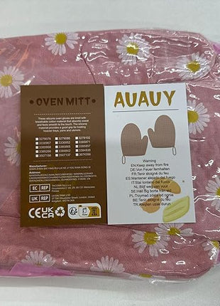 AUAUY Oven Mitts and Potholders, BBQ Gloves Heat Resistant, 1 Pair Oven Mitts and 2 Pot Holders, Cotton Non-Slip Cooking Gloves for Cooking Baking Kitchen Microwave Pizza(Daisy-Pink)