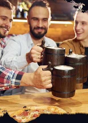 Set of 6 Beer Mug 20 OZ - Tankard Mug - Beer stein - Wooden beer mug - Stainless Steel Cup - Handmade Gifts for Men - Fathers Day, Christmas or Birthday Gift Idea - Barrel Brown