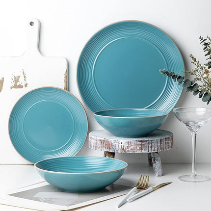 RINGAR Round Stoneware 16pc Dinnerware Set of 4, Dinner Plates, Side Plates, Cereal Bowls, Mugs - Speckle Matte Turquoise (428693)
