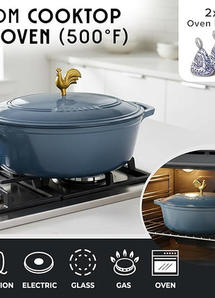 MUELLER HOME 5.5 Quart Enameled Cast Iron Oval Dutch Oven w Rooster Knob & Cotton Potholders, Heavy-Duty Cookware, Oven-Safe up to 500° F & Across All Cooktops, Gifts for Grandma & Women, Mineral Blue