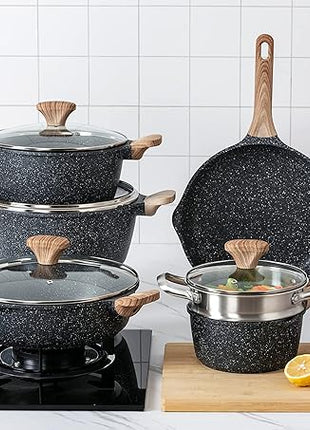 Country Kitchen Non-Stick Cast Aluminum Cookware Set - Durable Kitchen Cookware for Everyday Cooking, Grey, 11 Pc.