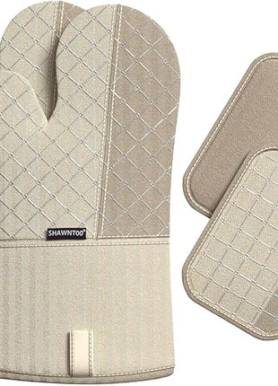 Oven Mitts and Pot Holders Sets 6pcs, Kitchen Oven Glove,High Heat Resistant 550 Degree Extra Long Oven Mitts and Potholders with Non-Slip Silicone Surface for Home Essentials (Grey) (Milkshake/Beige)