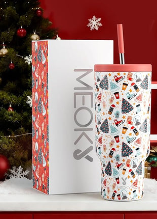 Meoky 40 oz Christmas Tumbler with Handle and Straw, Xmas Tumbler with Lid and Straw, Insulated Stainless Steel Travel Mug, Christmas Gifts for Women Men Adults (Snowy Fir)
