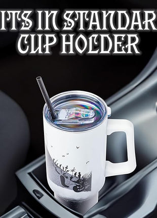 Silver Buffalo Disney Nightmare Before Christmas by Tim Burton Jack Skellington Hill and Moon Stainless Steel Tumbler with Handle and Straw, Fits in Standard Cup Holder, 40 Ounces