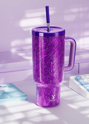 Meoky Tumbler with Handle and Straw for Women: 40 oz Stainless Steel Insulated Tumbler with Lid and Straw 100% Leakproof for Car Travel Home - Fashion Enthusiasts, Lavender