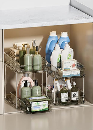 Delamu 2-Tier Under Sink Organizers and Storage, Multi-Purpose Stackable Bathroom Cabinet Organizers, Pull Out Kitchen Pantry Organization and Storage with Dividers(2 Pack, Grey)